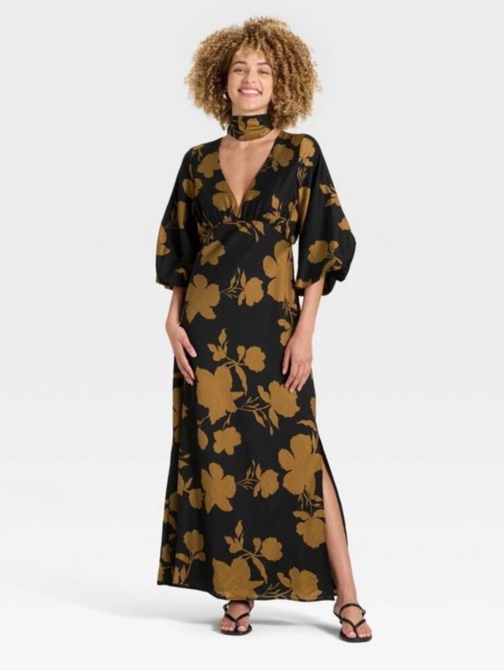 a new day Black Maxi Dress with Mustard Floral Print and neck scarf